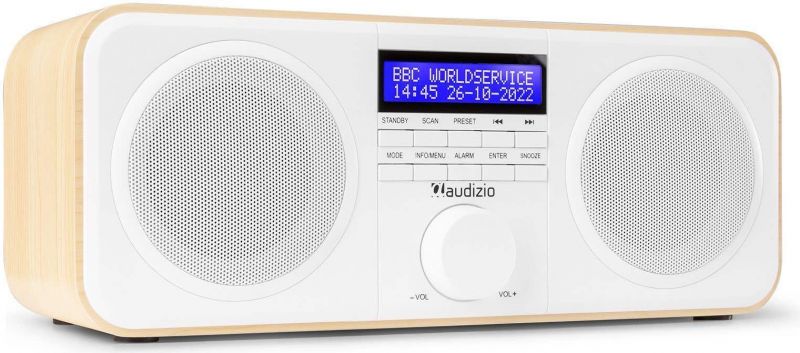 DAB Radio 'God lyd i kompakt design' DAB/DAB+/FM/Vækkeur, Nydelig Træ med hvid front