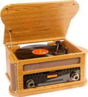 Retro Musikanlæg med Pladespiller, CD, Kassettebånd, FM og DAB+ Radio, Bluetooth og USB / Lys træ