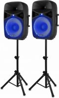 Højttalersæt Plug'n'Play / 2 stk. 15" bas / 1000 Watt / Mikrofon, Stativer og Kabler, Klar til brug!