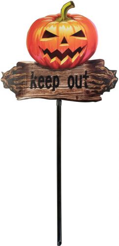 Halloween Dekoration, Græskar ‘KEEP OUT’ med jordspyd, 50cm