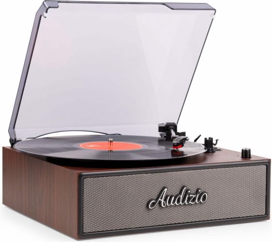 Pladespiller / Reno Wood / Flot retro design med indbygget højttalere / Bluetooth / Mørk træ